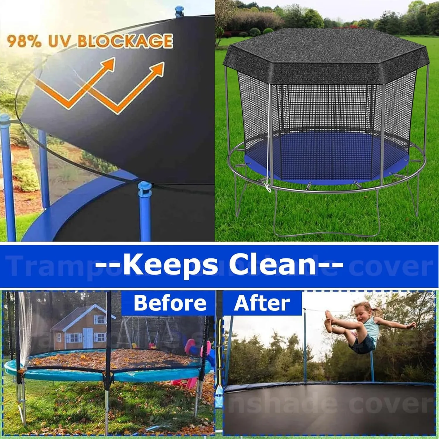 Trampoline Sunshade Top Cover for 8 Poles Trampolines, Anti-UV Sun Protection Net for Backyard Playground, Net Only