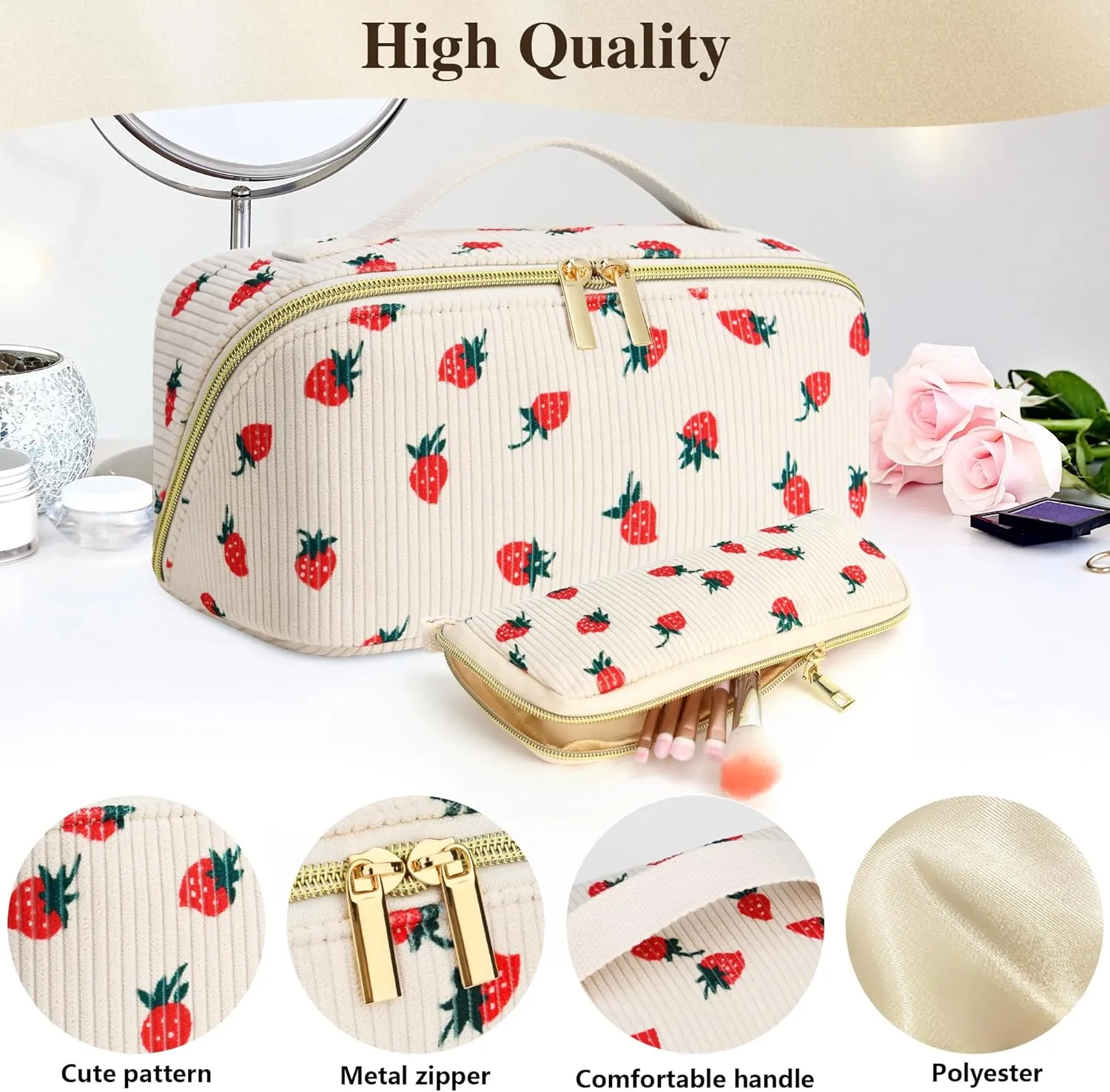 Travel Makeup Bag Set, 2Pcs Large Capacity Flower Make up Bag Quilted Cosmetic Bag for Girls, Cherry Cute Travel Toiletry Bag for Women Wide Open Floral Cotton Stuff Bag Skin Care Bag