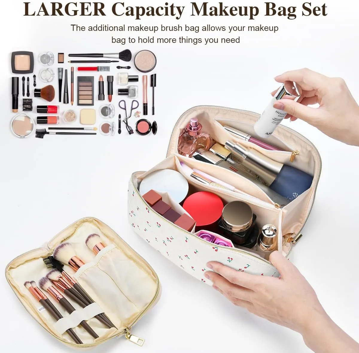 Travel Makeup Bag Set, 2Pcs Large Capacity Flower Make up Bag Quilted Cosmetic Bag for Girls, Cherry Cute Travel Toiletry Bag for Women Wide Open Floral Cotton Stuff Bag Skin Care Bag