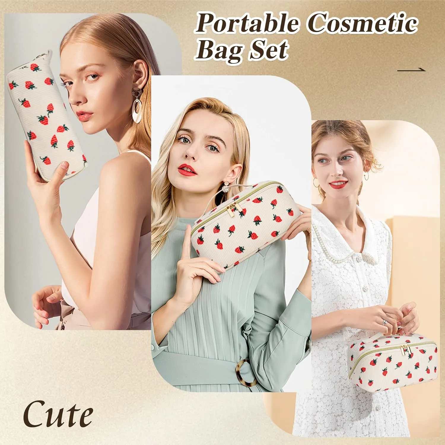 Travel Makeup Bag Set, 2Pcs Large Capacity Flower Make up Bag Quilted Cosmetic Bag for Girls, Cherry Cute Travel Toiletry Bag for Women Wide Open Floral Cotton Stuff Bag Skin Care Bag