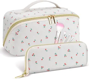Travel Makeup Bag Set, 2Pcs Large Capacity Flower Make up Bag Quilted Cosmetic Bag for Girls, Cherry Cute Travel Toiletry Bag for Women Wide Open Floral Cotton Stuff Bag Skin Care Bag