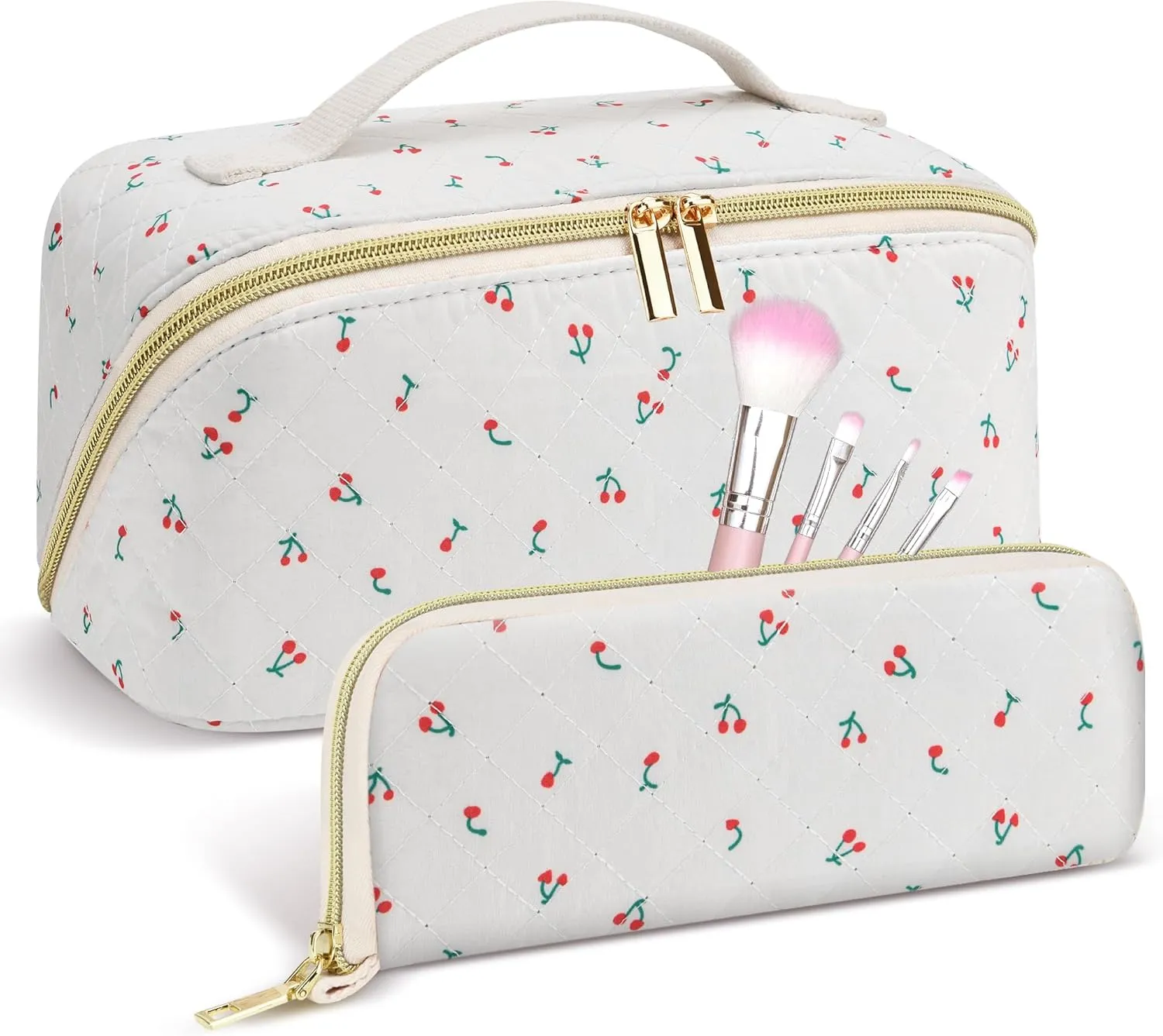 Travel Makeup Bag Set, 2Pcs Large Capacity Flower Make up Bag Quilted Cosmetic Bag for Girls, Cherry Cute Travel Toiletry Bag for Women Wide Open Floral Cotton Stuff Bag Skin Care Bag
