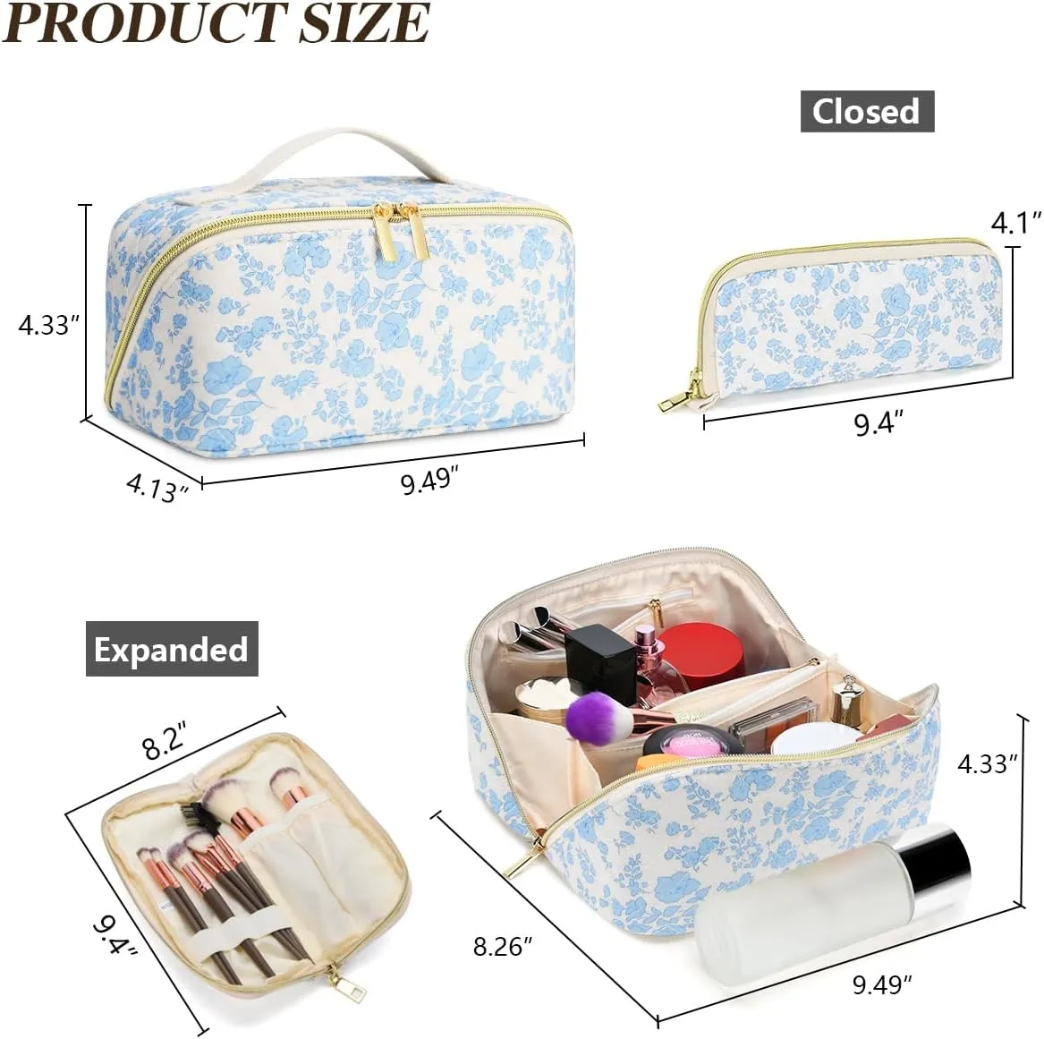 Travel Makeup Bag Set, 2Pcs Large Capacity Flower Make up Bag Quilted Cosmetic Bag for Girls, Cherry Cute Travel Toiletry Bag for Women Wide Open Floral Cotton Stuff Bag Skin Care Bag