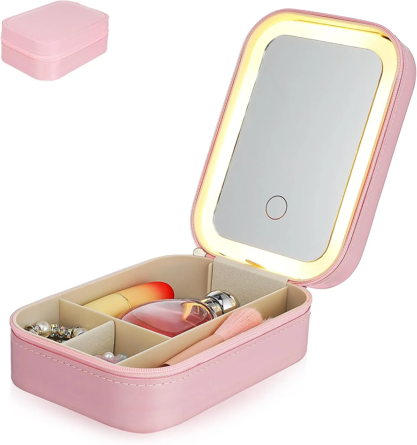 Travel Makeup Case with Led Mirror Compact Cosmetic Organizer for Makeup and Jewelry with Rechargeable Light for Travel and Daily Use