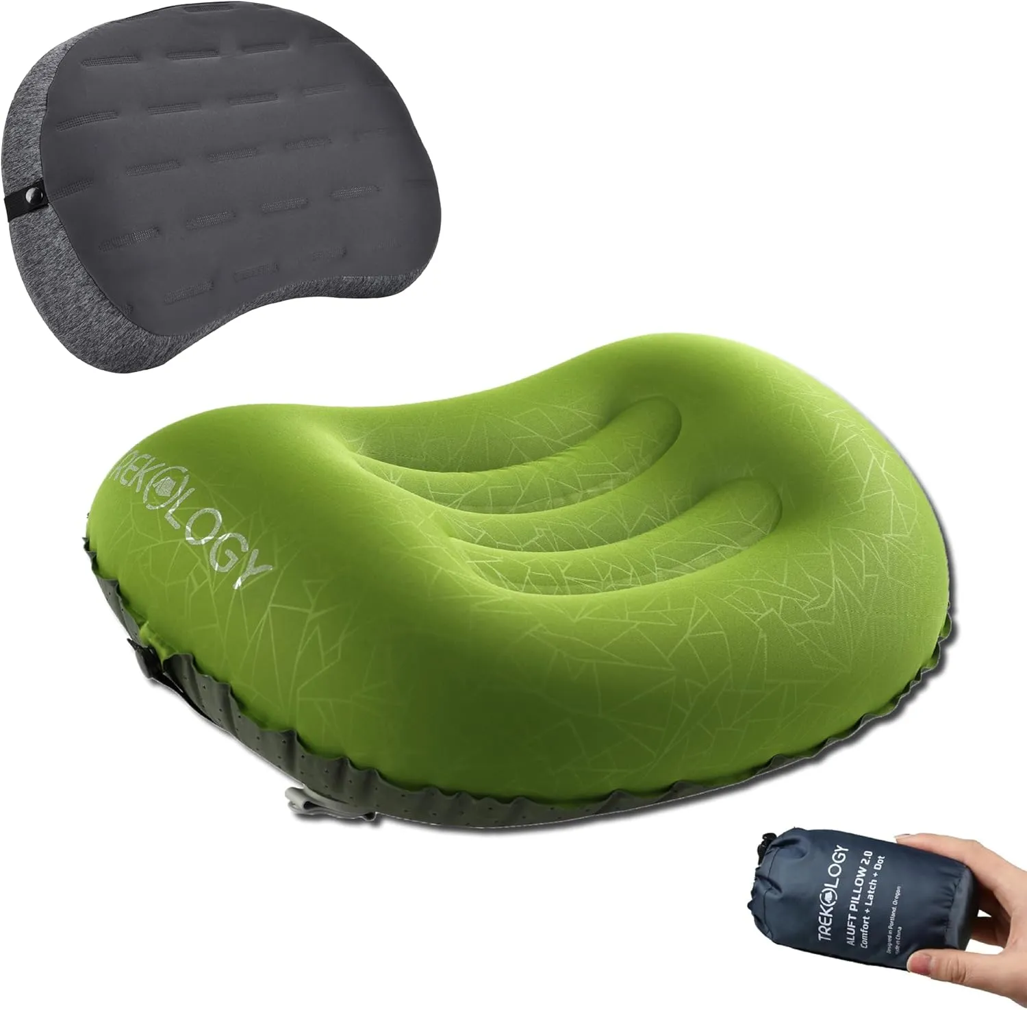 TREKOLOGY Ultralight Inflatable Camping Pillow Set - ALUFT 2.0 (Green) & ALUFT Plus Series - Perfect for Camping, Hike, Backpack Tirp - Includes 2 Travel Pillows, Strap, and Carry Bag