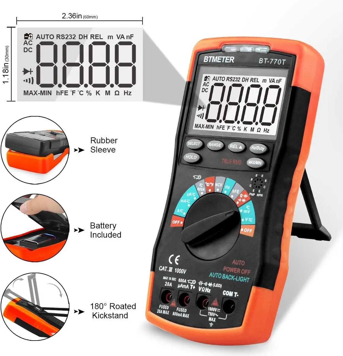 True RMS Digital Multimeter Tester 6000 Counts AC DC 20A Ohmmeter Voltmeter DMM Measure Voltage Current Amp Resistance Diodes Continuity Duty-Cycle Capacitance Temperature (BTMETER BT-770T)
