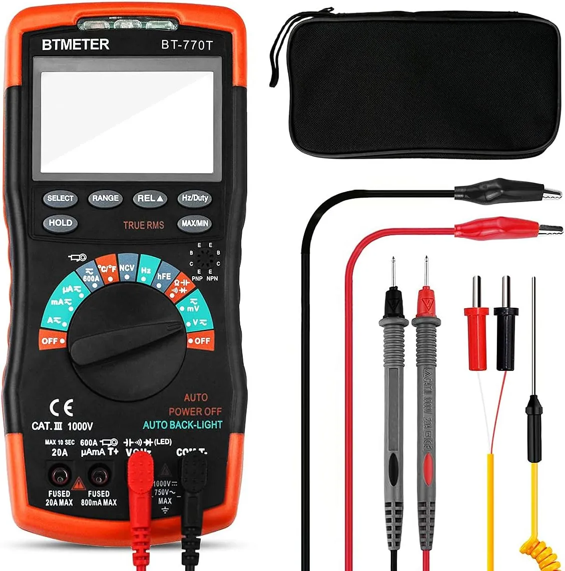True RMS Digital Multimeter Tester 6000 Counts AC DC 20A Ohmmeter Voltmeter DMM Measure Voltage Current Amp Resistance Diodes Continuity Duty-Cycle Capacitance Temperature (BTMETER BT-770T)