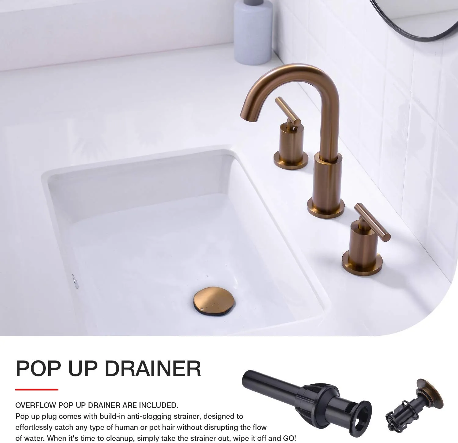 TRUSTMI 2 Handle 8 Inch Widespread Bathroom Sink Faucet with Overflow Pop Up Drain Assembly 3 Piece Brown Bronze Vanity Tap with cUPC Water Supply Lines, Brass, Brushed Rose Gold