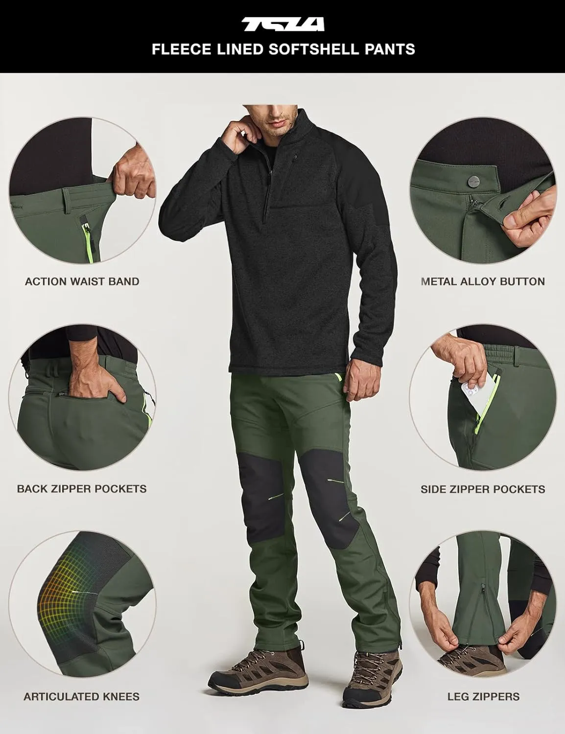 TSLA Men's Snow Ski Snowboard Waterproof Softshell Cargo Pants, Hiking Fleece Lined Bottoms, Outdoor Work Pants