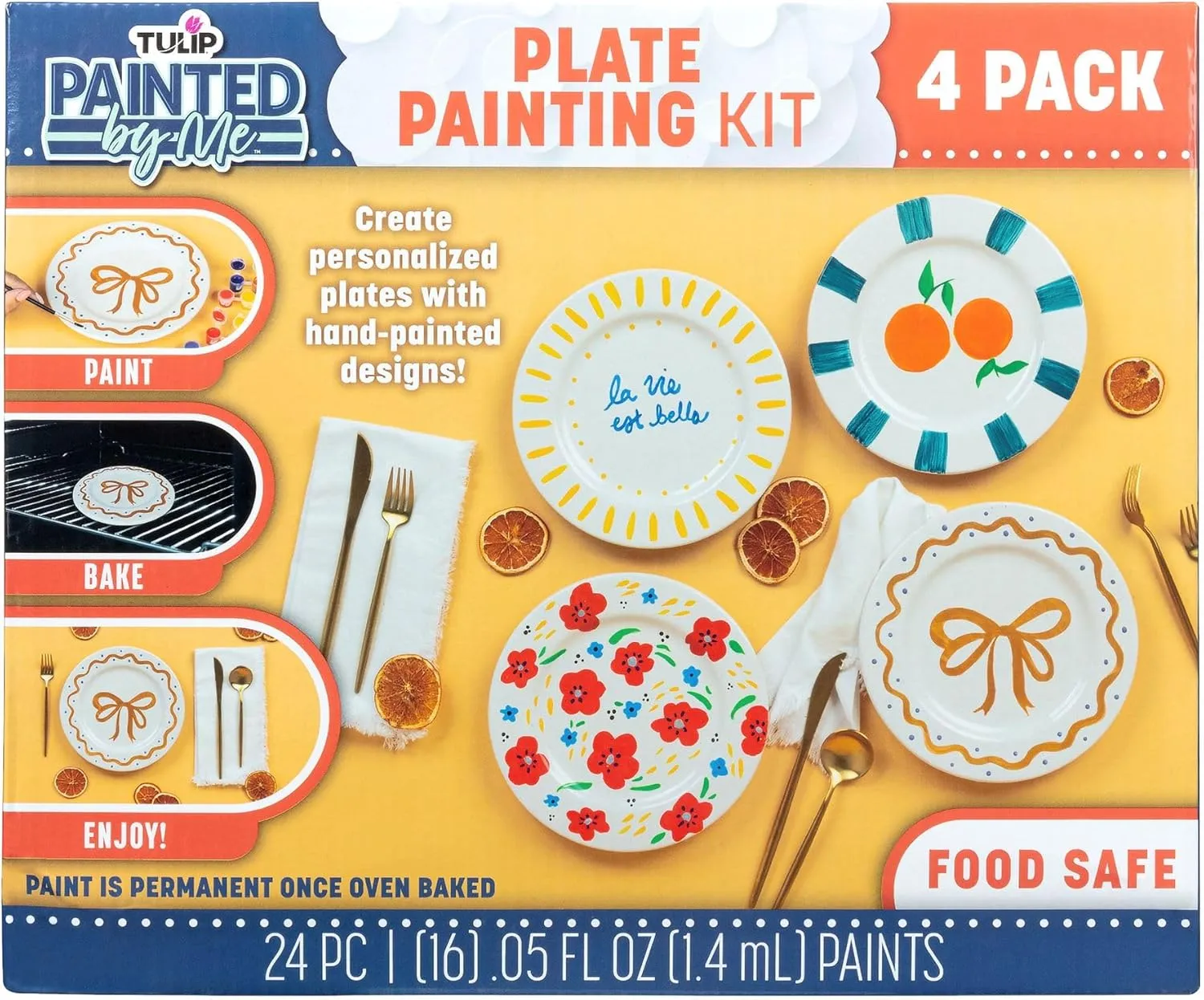 Tulip Food Safe Painted by Me Ceramic Plate Painting Set, Includes 16 Paints, 4 Brushes & 4 Paintable Plates. Bake at Home with Studio Quality Results