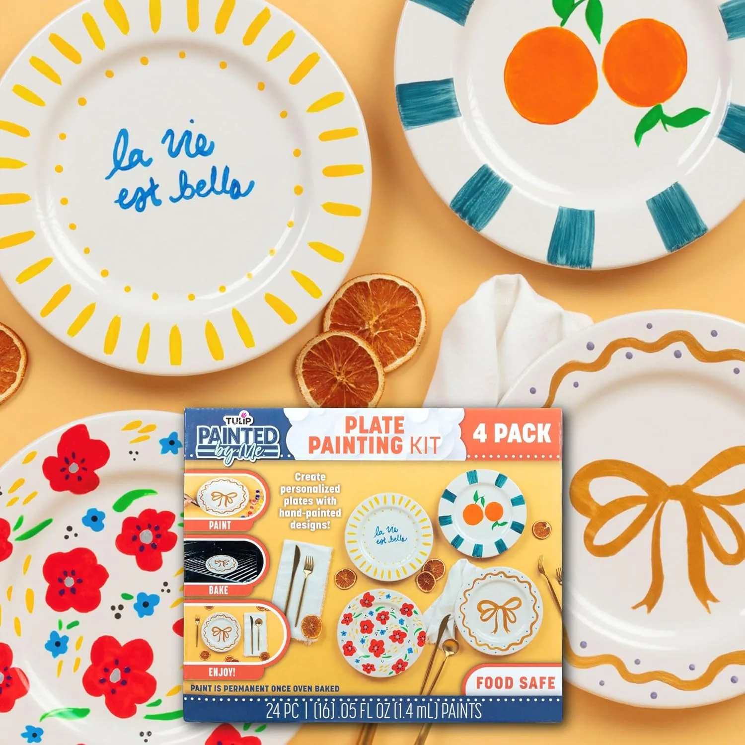 Tulip Food Safe Painted by Me Ceramic Plate Painting Set, Includes 16 Paints, 4 Brushes & 4 Paintable Plates. Bake at Home with Studio Quality Results
