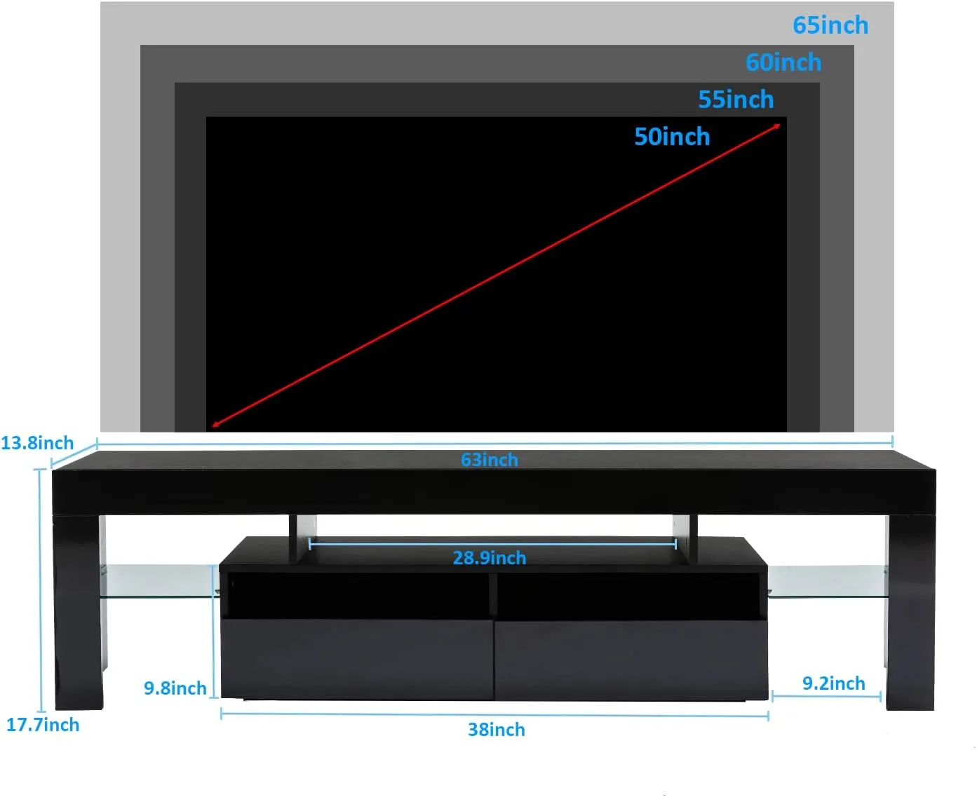 TV Stand with 16 Color LED Lights, Media Console with Drawer and Glass Open Shelf for 60/65/70 inch TV, Modern Gloss Entertainment Center for Living Room, Black