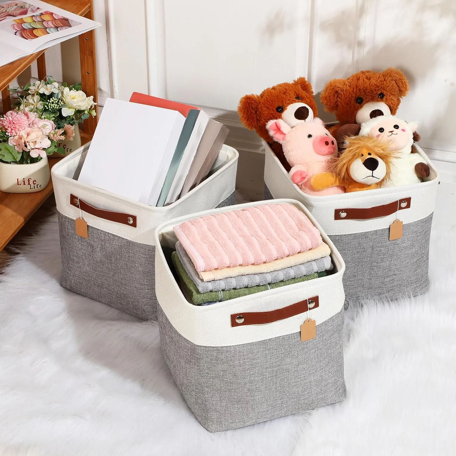Uiifan 10 Pcs Collapsible Storage Bins Fabric Foldable Storage Basket with Handles Cloth Organizer Linen Shelf Baskets for Shelves Home Closet Nursery Toys(12 x 12 x 12 Inch,Gray and White)