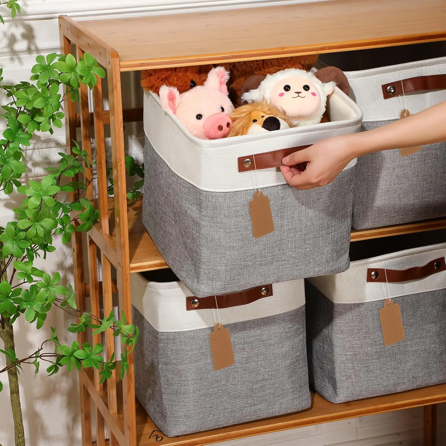 Uiifan 10 Pcs Collapsible Storage Bins Fabric Foldable Storage Basket with Handles Cloth Organizer Linen Shelf Baskets for Shelves Home Closet Nursery Toys(12 x 12 x 12 Inch,Gray and White)
