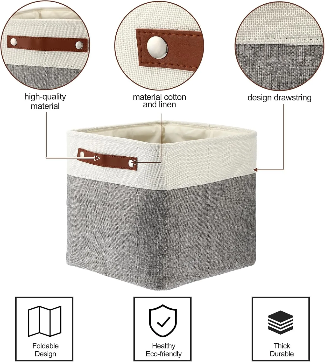 Uiifan 10 Pcs Collapsible Storage Bins Fabric Foldable Storage Basket with Handles Cloth Organizer Linen Shelf Baskets for Shelves Home Closet Nursery Toys(12 x 12 x 12 Inch,Gray and White)