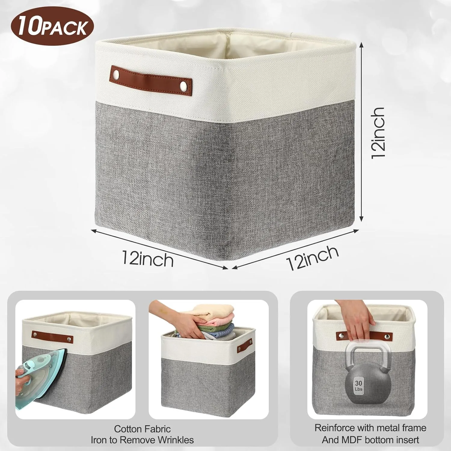 Uiifan 10 Pcs Collapsible Storage Bins Fabric Foldable Storage Basket with Handles Cloth Organizer Linen Shelf Baskets for Shelves Home Closet Nursery Toys(12 x 12 x 12 Inch,Gray and White)