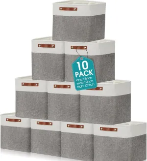 Uiifan 10 Pcs Collapsible Storage Bins Fabric Foldable Storage Basket with Handles Cloth Organizer Linen Shelf Baskets for Shelves Home Closet Nursery Toys(12 x 12 x 12 Inch,Gray and White)