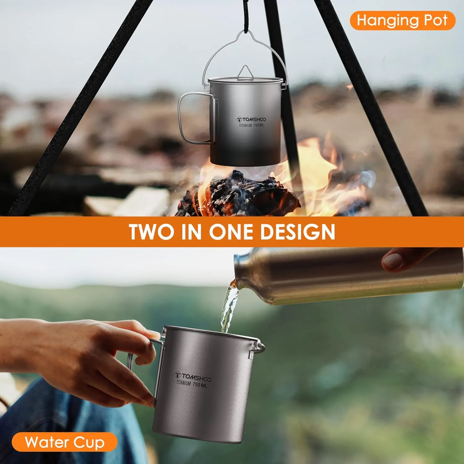 Ultralight 750ml Titanium Pot Portable Titanium Water Mug Cup with Lid and Foldable Handle Outdoor Camping Cooking Picnic