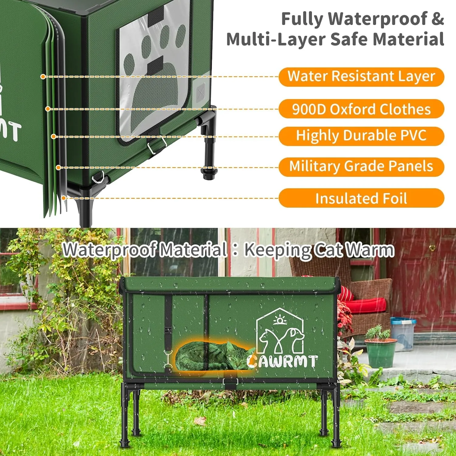 Unbreakable Heated Cat House for Outdoor Cat in Winter, Waterproof & Windproof, Insulated Feral Cat Shelter Kitty Bed with Safety Pet Heating Pad for Outside Stray Cat (Green, 13.8''x21.7''x17.8'')