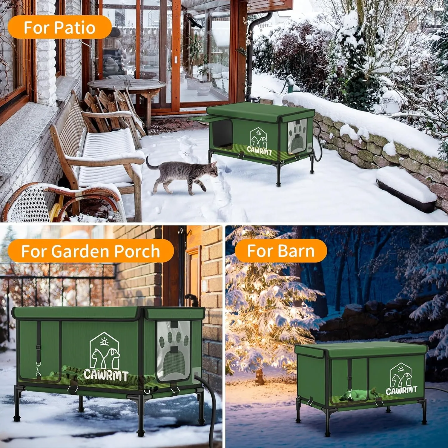 Unbreakable Heated Cat House for Outdoor Cat in Winter, Waterproof & Windproof, Insulated Feral Cat Shelter Kitty Bed with Safety Pet Heating Pad for Outside Stray Cat (Green, 13.8''x21.7''x17.8'')
