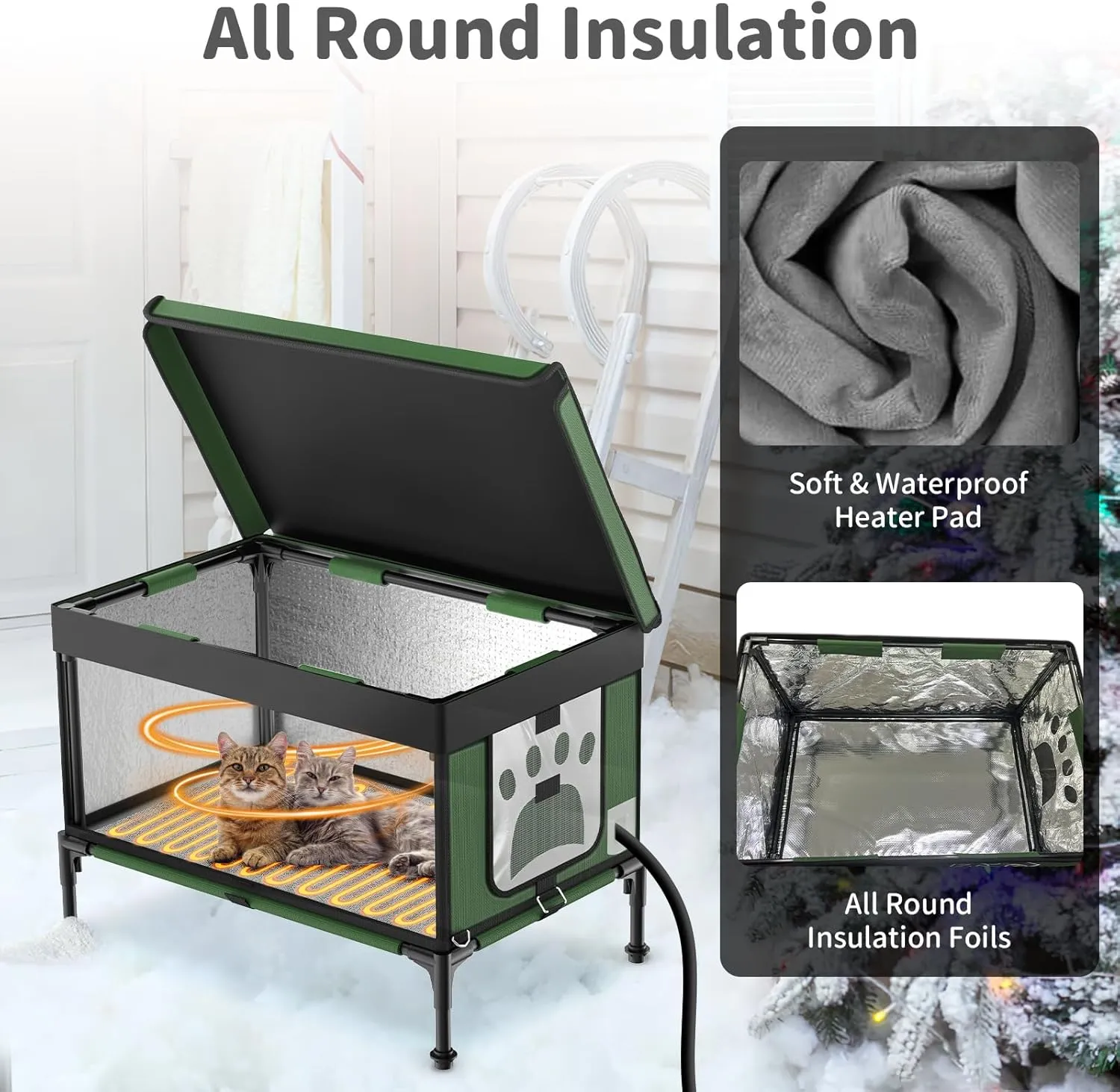 Unbreakable Heated Cat House for Outdoor Cat in Winter, Waterproof & Windproof, Insulated Feral Cat Shelter Kitty Bed with Safety Pet Heating Pad for Outside Stray Cat (Green, 13.8''x21.7''x17.8'')