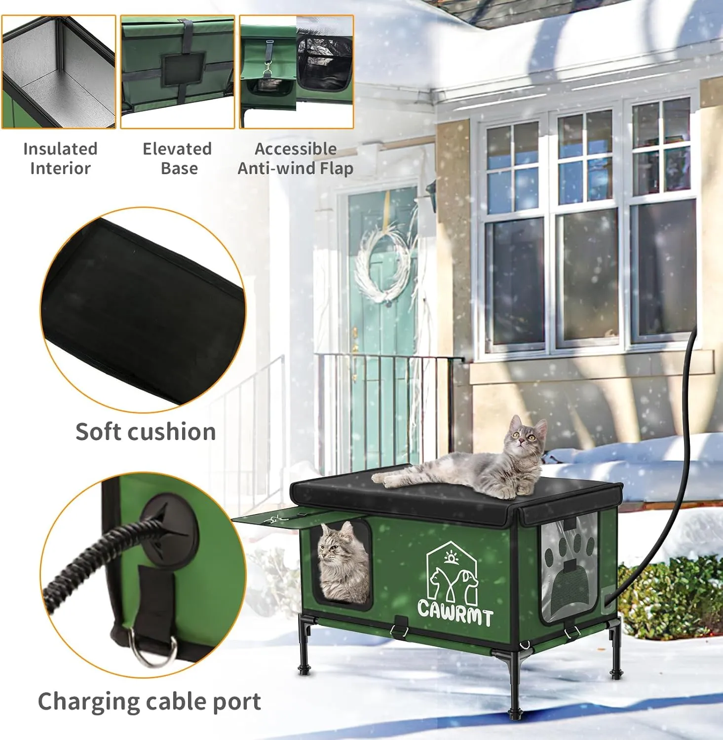 Unbreakable Heated Cat House for Outdoor Cat in Winter, Waterproof & Windproof, Insulated Feral Cat Shelter Kitty Bed with Safety Pet Heating Pad for Outside Stray Cat (Green, 13.8''x21.7''x17.8'')