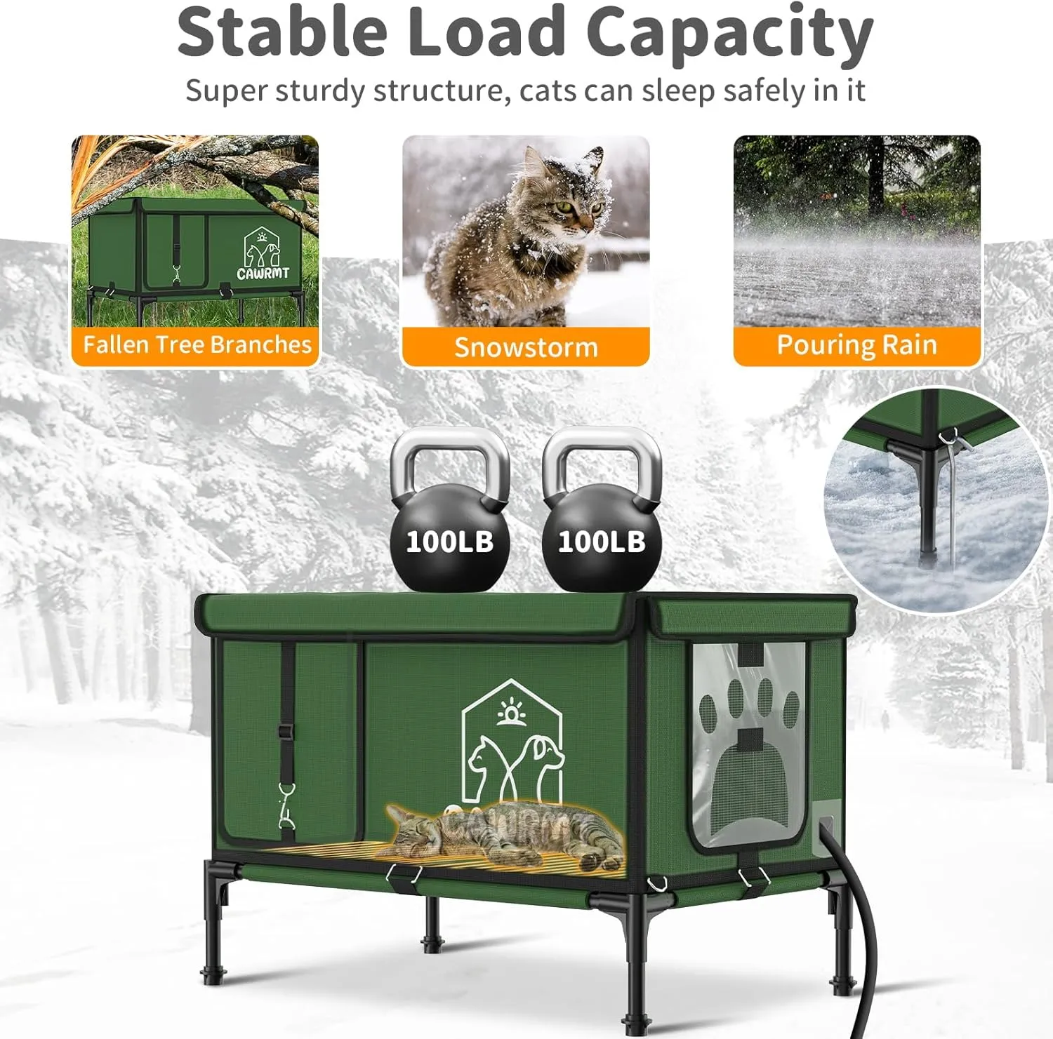 Unbreakable Heated Cat House for Outdoor Cat in Winter, Waterproof & Windproof, Insulated Feral Cat Shelter Kitty Bed with Safety Pet Heating Pad for Outside Stray Cat (Green, 13.8''x21.7''x17.8'')
