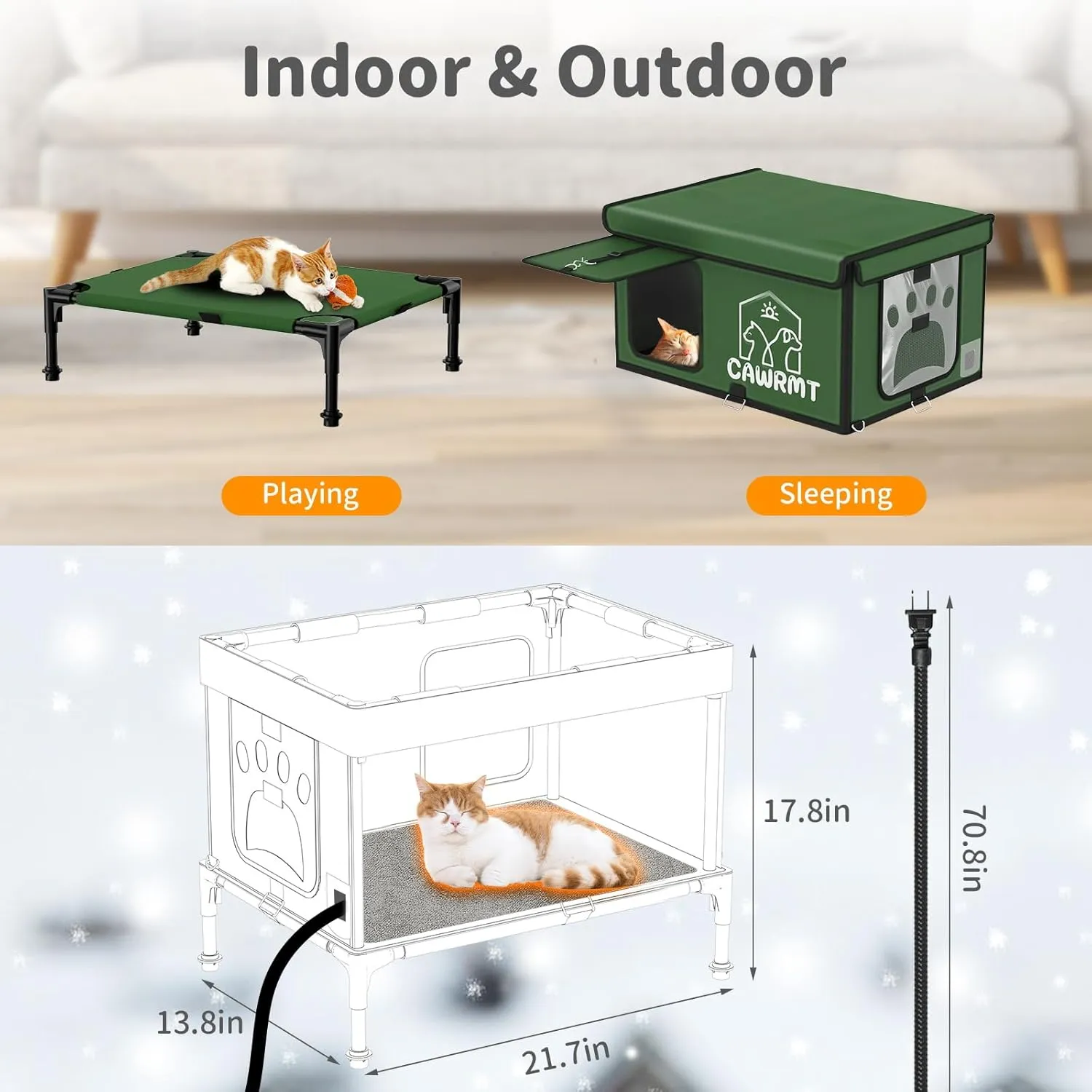 Unbreakable Heated Cat House for Outdoor Cat in Winter, Waterproof & Windproof, Insulated Feral Cat Shelter Kitty Bed with Safety Pet Heating Pad for Outside Stray Cat (Green, 13.8''x21.7''x17.8'')