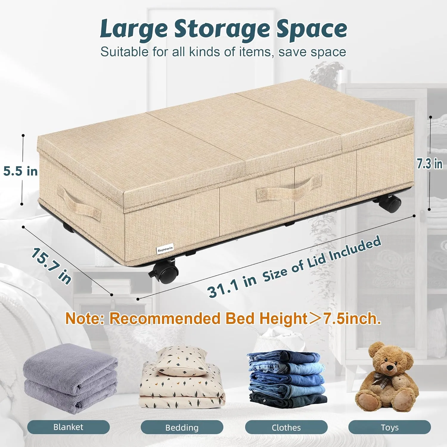 Under Bed Storage with Wheels, Rolling Underbed Storage Containers with Lids, Under Bed Shoe Storage Bins Organizer with Reinforced Metal Bottom Support and Three Handles, 2 Pack Khaki