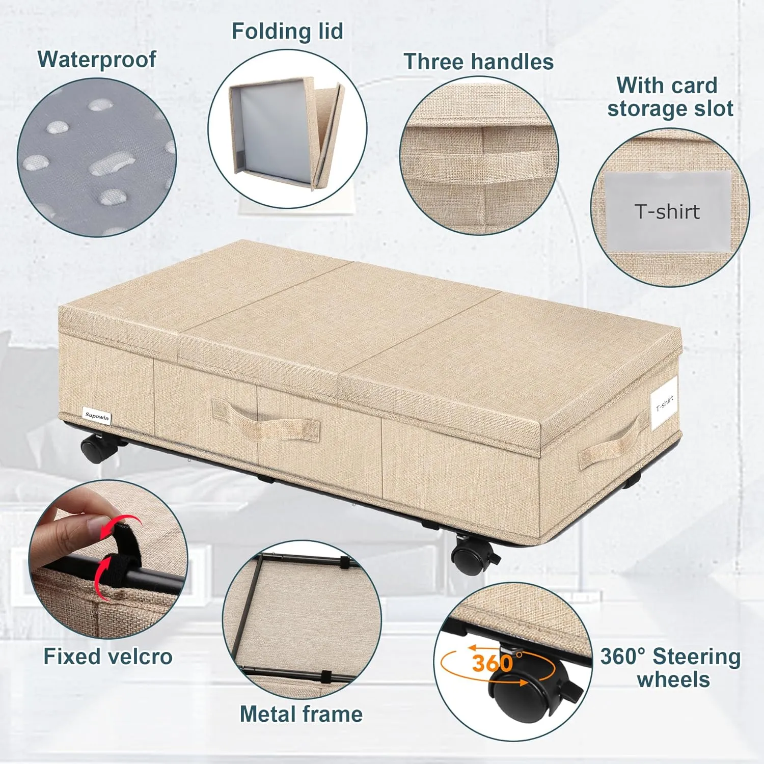 Under Bed Storage with Wheels, Rolling Underbed Storage Containers with Lids, Under Bed Shoe Storage Bins Organizer with Reinforced Metal Bottom Support and Three Handles, 2 Pack Khaki