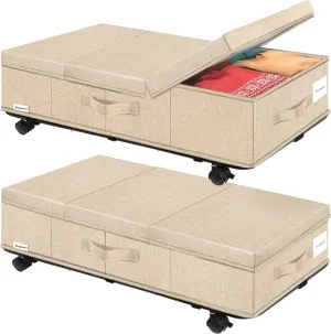 Under Bed Storage with Wheels, Rolling Underbed Storage Containers with Lids, Under Bed Shoe Storage Bins Organizer with Reinforced Metal Bottom Support and Three Handles, 2 Pack Khaki