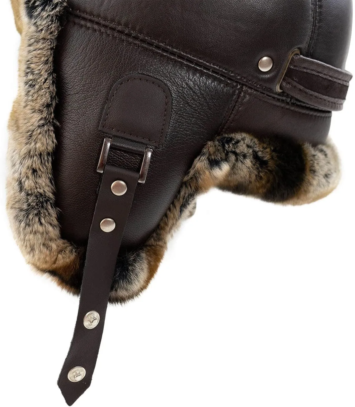 Unisex Brown Rabbit Fur Leather Aviator Russian Ushanka Trapper Winter Fur Hat for Outdoor Warm Hat Gift Ideas for Men