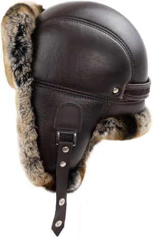 Unisex Brown Rabbit Fur Leather Aviator Russian Ushanka Trapper Winter Fur Hat for Outdoor Warm Hat Gift Ideas for Men