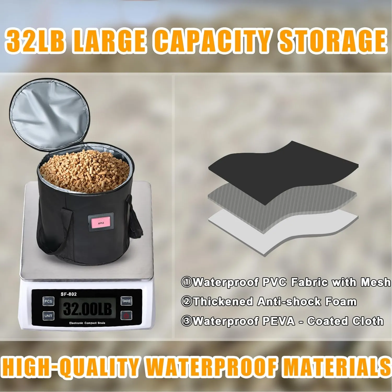 Upgraded 32LBS Pellet Grills Stay Dry Pellet Bin - Wood Pellet Storage Bag Container - Smoker Pellet Dispenser - Anti-Shock Foam Layer Reduces Wood Pellets/Charcoal Chipping