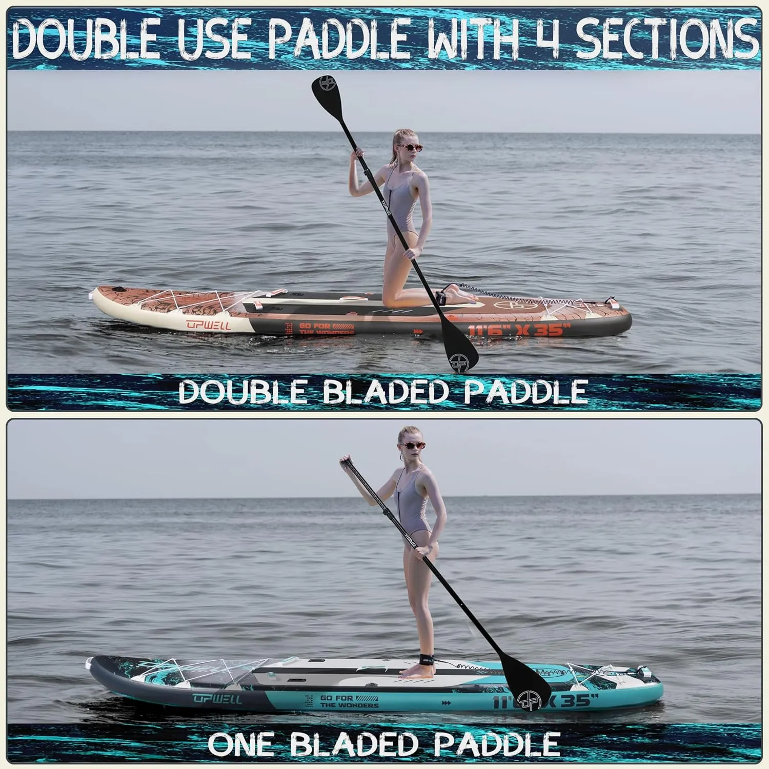 UPWELL 10'6"/11'/11'6" Inflatable Paddle Board, Stand Up Paddle Board for Youth & Adults, Stable Design, Premium SUP Accessories, Backpack, 10L Dry Bag, Paddle, Leash, Hand Pump, Fins