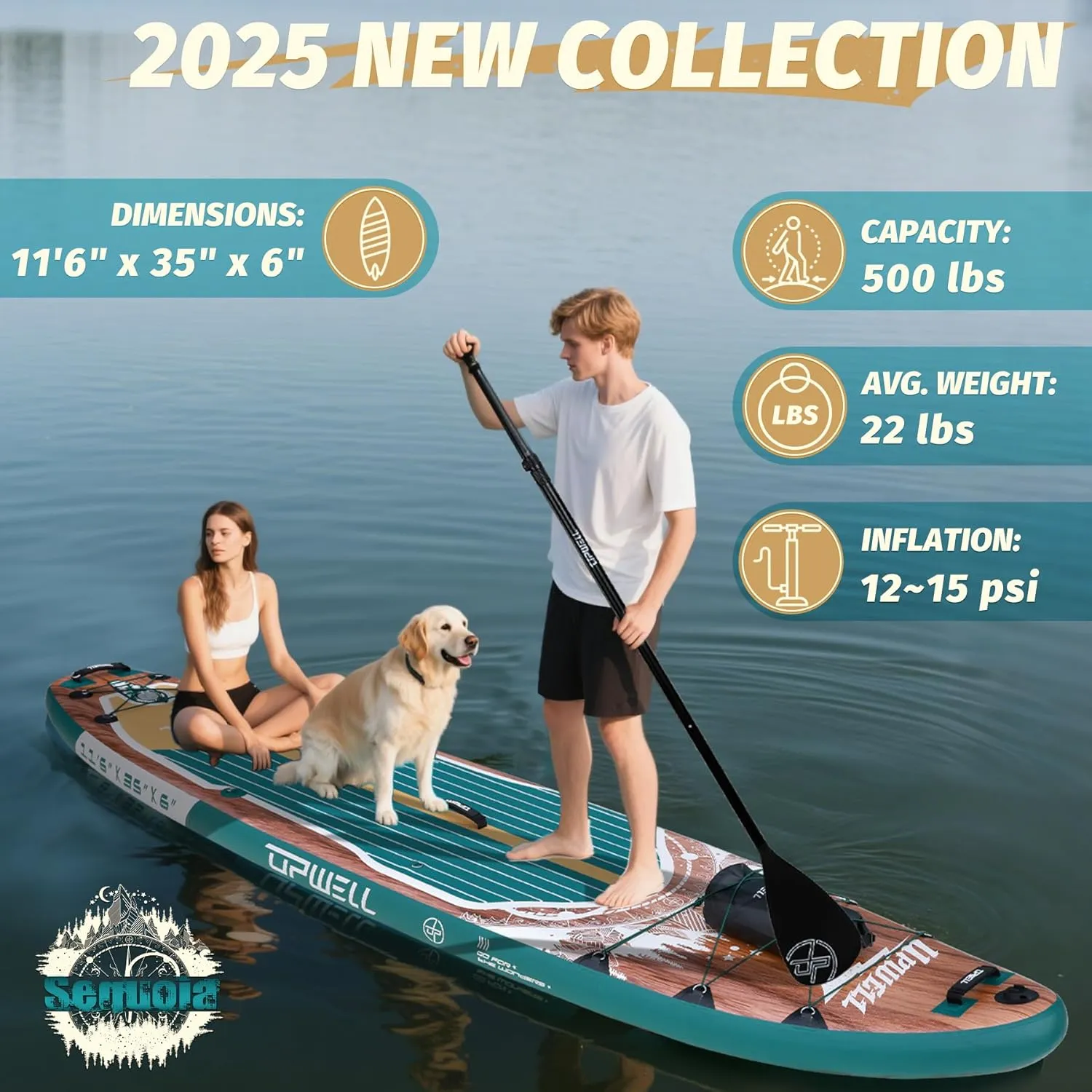 UPWELL 11'6"×35" Extra Wide Inflatable Paddle Board, Stand Up Paddle Board for Youth & Adults, Stable Design, Premium SUP Accessories, 120L Backpack, 10L Dry Bag, Paddle, Leash, Hand Pump, US Fins
