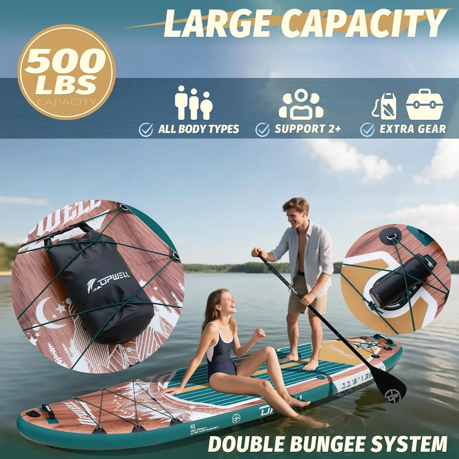 UPWELL 11'6"×35" Extra Wide Inflatable Paddle Board, Stand Up Paddle Board for Youth & Adults, Stable Design, Premium SUP Accessories, 120L Backpack, 10L Dry Bag, Paddle, Leash, Hand Pump, US Fins
