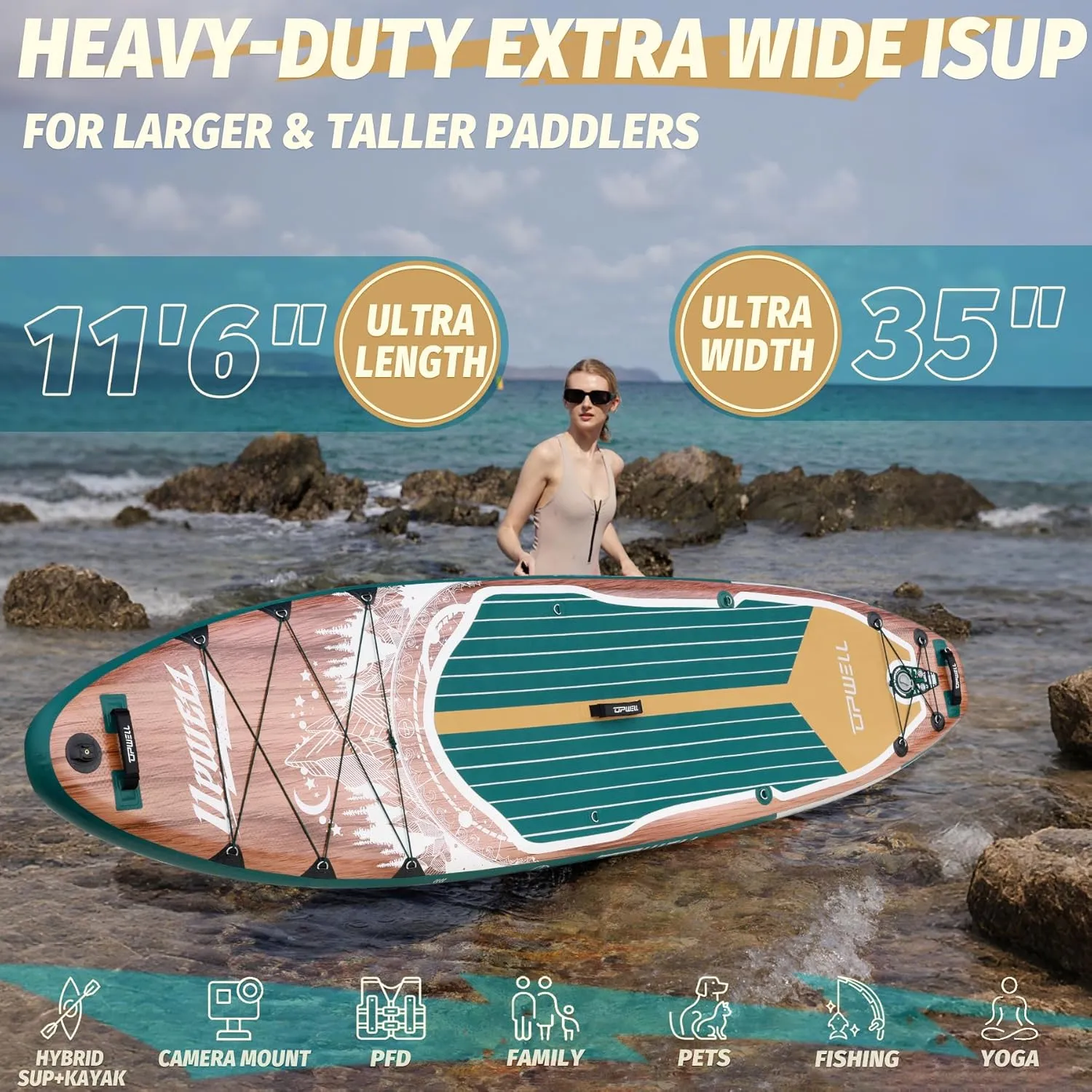 UPWELL 11'6"×35" Extra Wide Inflatable Paddle Board, Stand Up Paddle Board for Youth & Adults, Stable Design, Premium SUP Accessories, 120L Backpack, 10L Dry Bag, Paddle, Leash, Hand Pump, US Fins