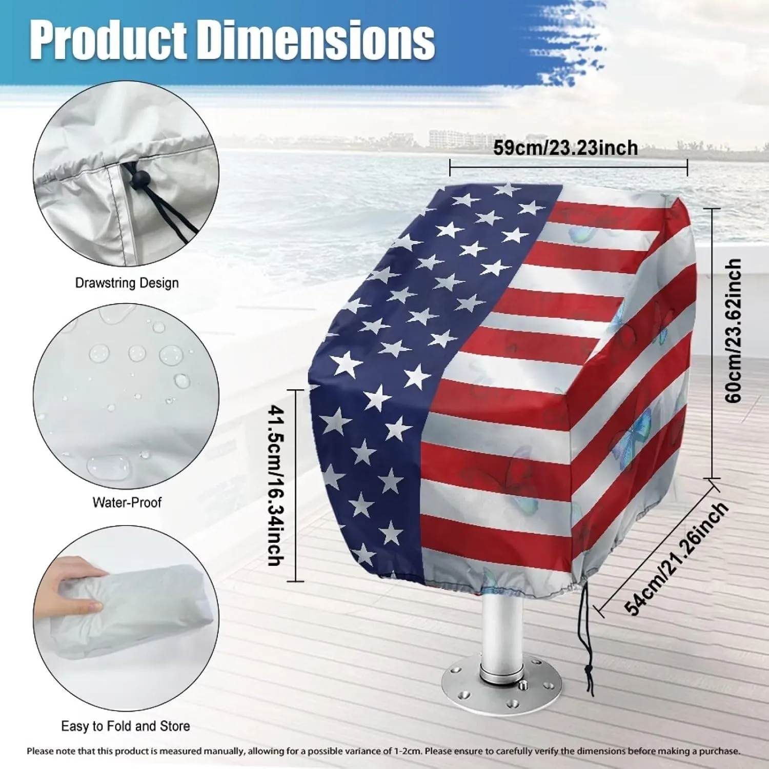 USA Flag Butterfly Boat Folding Seat Cover Silver-Plated Polyester Weather Resistant Material Captain's Chair Cover Full Length Protection for Your Boat Seat Cover