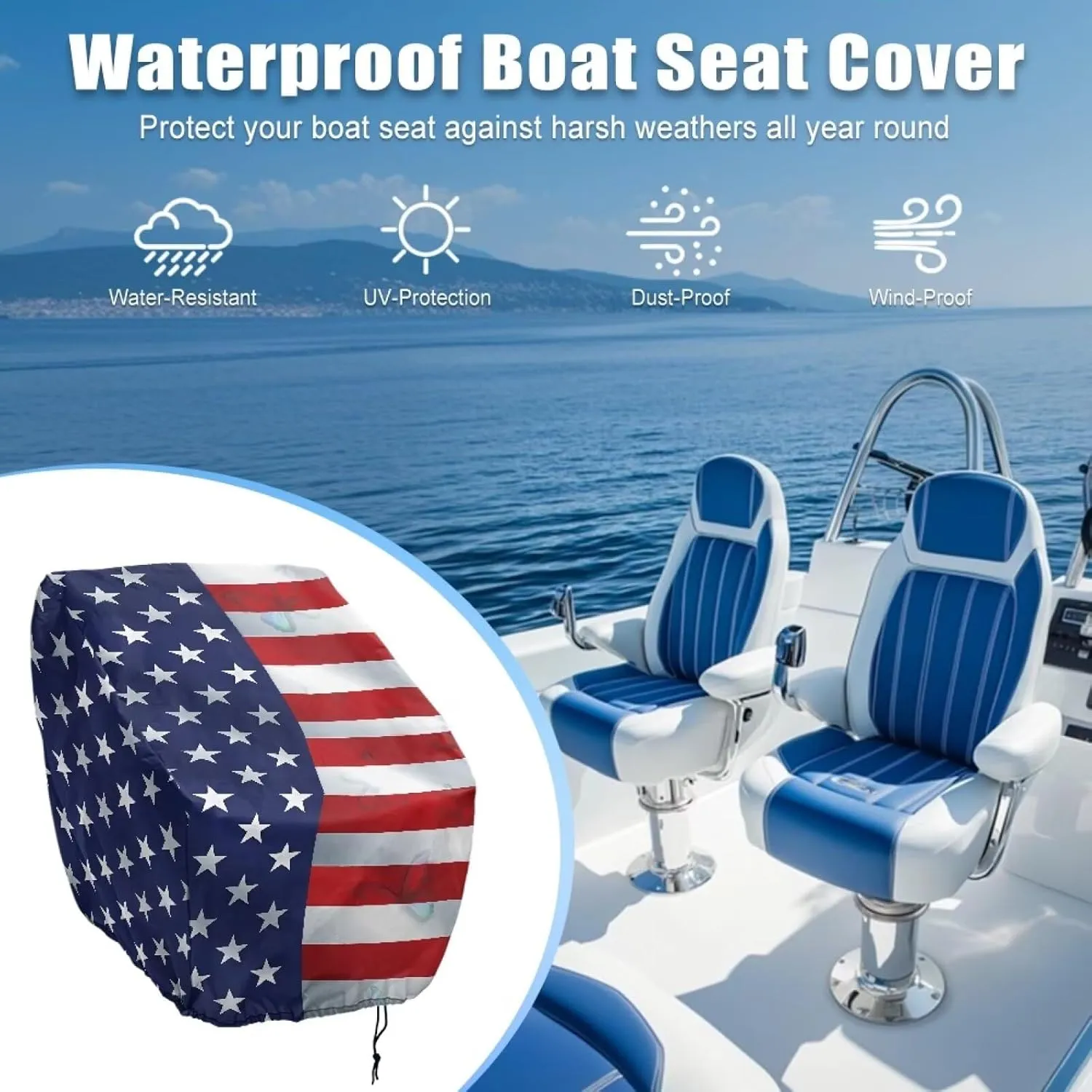 USA Flag Butterfly Boat Folding Seat Cover Silver-Plated Polyester Weather Resistant Material Captain's Chair Cover Full Length Protection for Your Boat Seat Cover