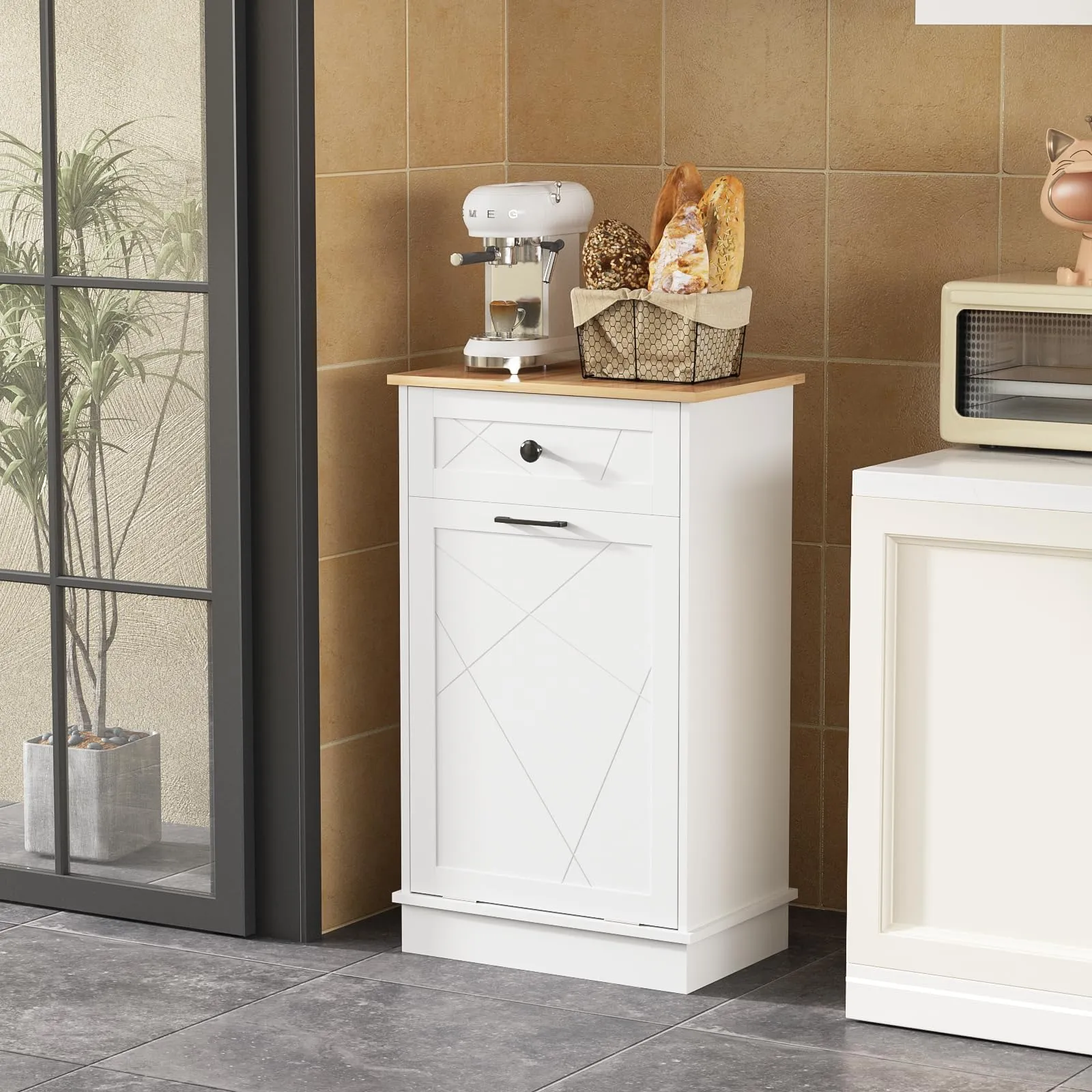 Vabches Trash Cabinet Double Trash Can, Dog Proof Tilt Out Trash Bin Holder, Hideaway Free Standing Recycling Cabinet with 2 Drawers for Kitchen Living Room White (Single Door)