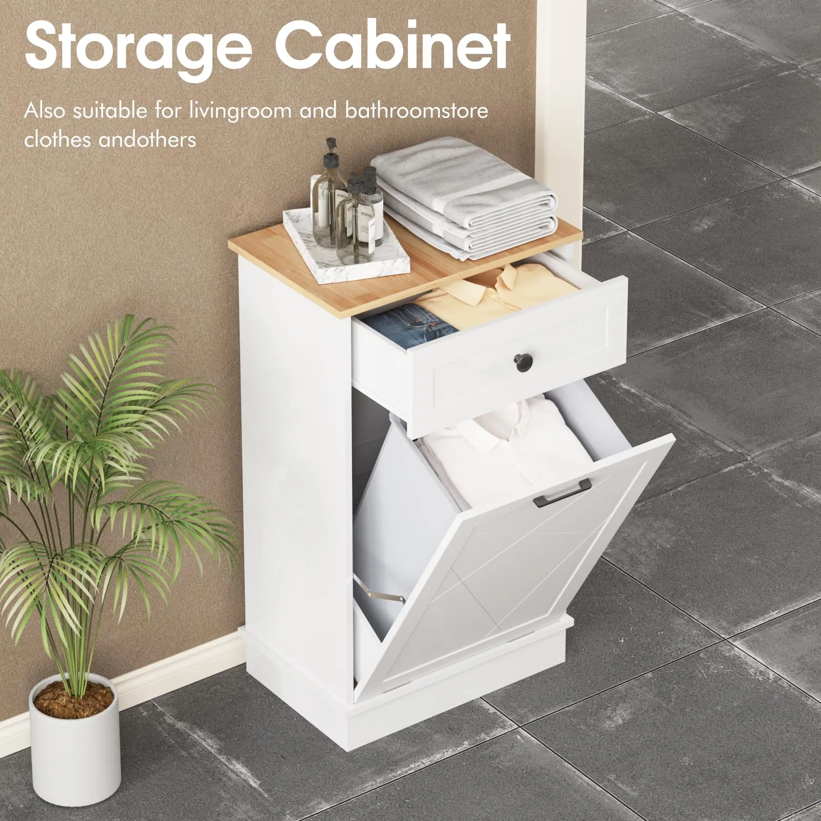 Vabches Trash Cabinet Double Trash Can, Dog Proof Tilt Out Trash Bin Holder, Hideaway Free Standing Recycling Cabinet with 2 Drawers for Kitchen Living Room White (Single Door)