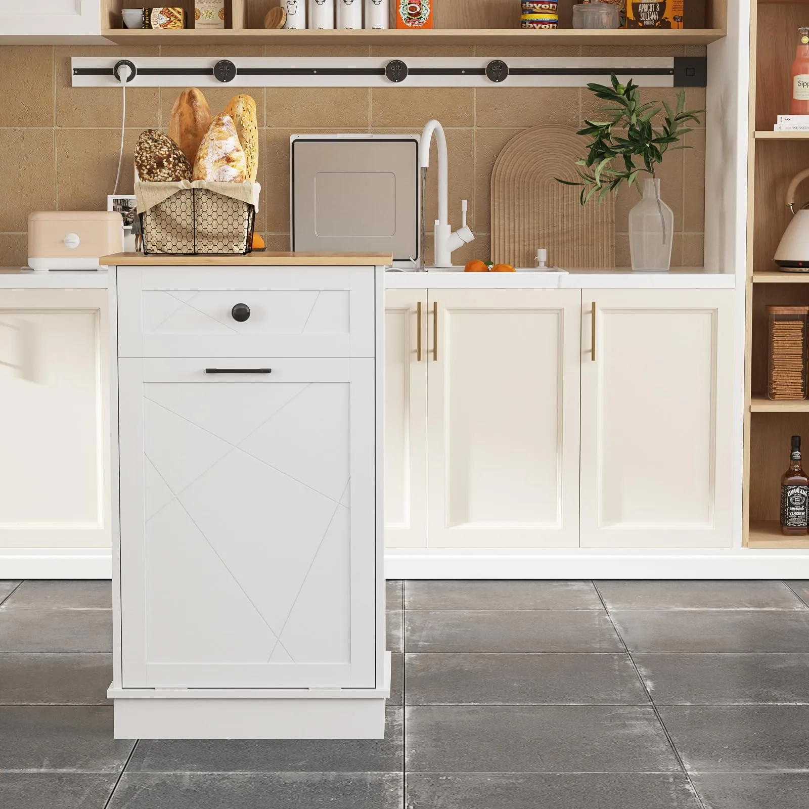 Vabches Trash Cabinet Double Trash Can, Dog Proof Tilt Out Trash Bin Holder, Hideaway Free Standing Recycling Cabinet with 2 Drawers for Kitchen Living Room White (Single Door)