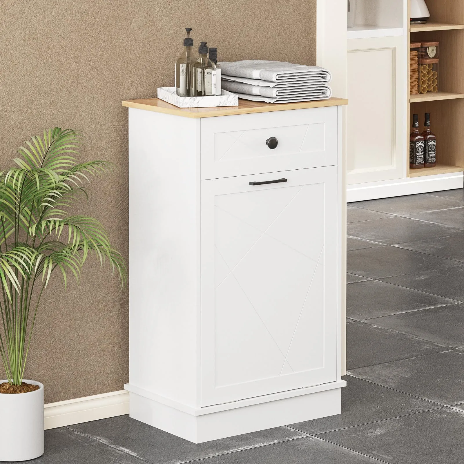 Vabches Trash Cabinet Double Trash Can, Dog Proof Tilt Out Trash Bin Holder, Hideaway Free Standing Recycling Cabinet with 2 Drawers for Kitchen Living Room White (Single Door)