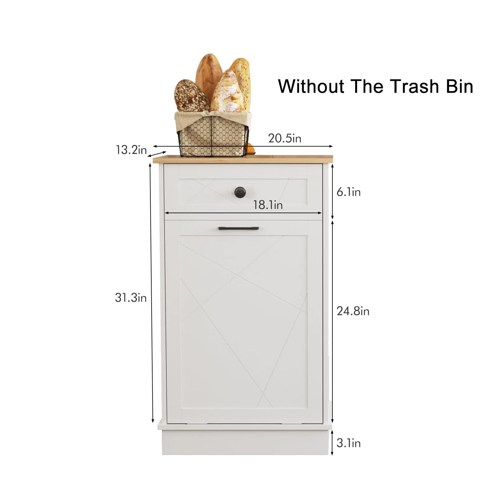 Vabches Trash Cabinet Double Trash Can, Dog Proof Tilt Out Trash Bin Holder, Hideaway Free Standing Recycling Cabinet with 2 Drawers for Kitchen Living Room White (Single Door)
