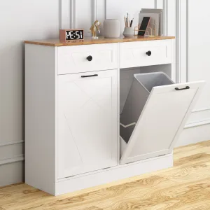 Vabches Trash Cabinet Double Trash Can, Dog Proof Tilt Out Trash Bin Holder, Hideaway Free Standing Recycling Cabinet with 2 Drawers for Kitchen Living Room White (Single Door)
