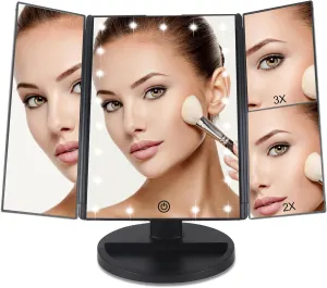 Vanity Makeup Mirror with Lights and Magnification, 3 Way Mirror, Trifold Portable Mirror, 1X 2X 3X Magnification, Two Power Supply, Espejo maquillaje (Black)