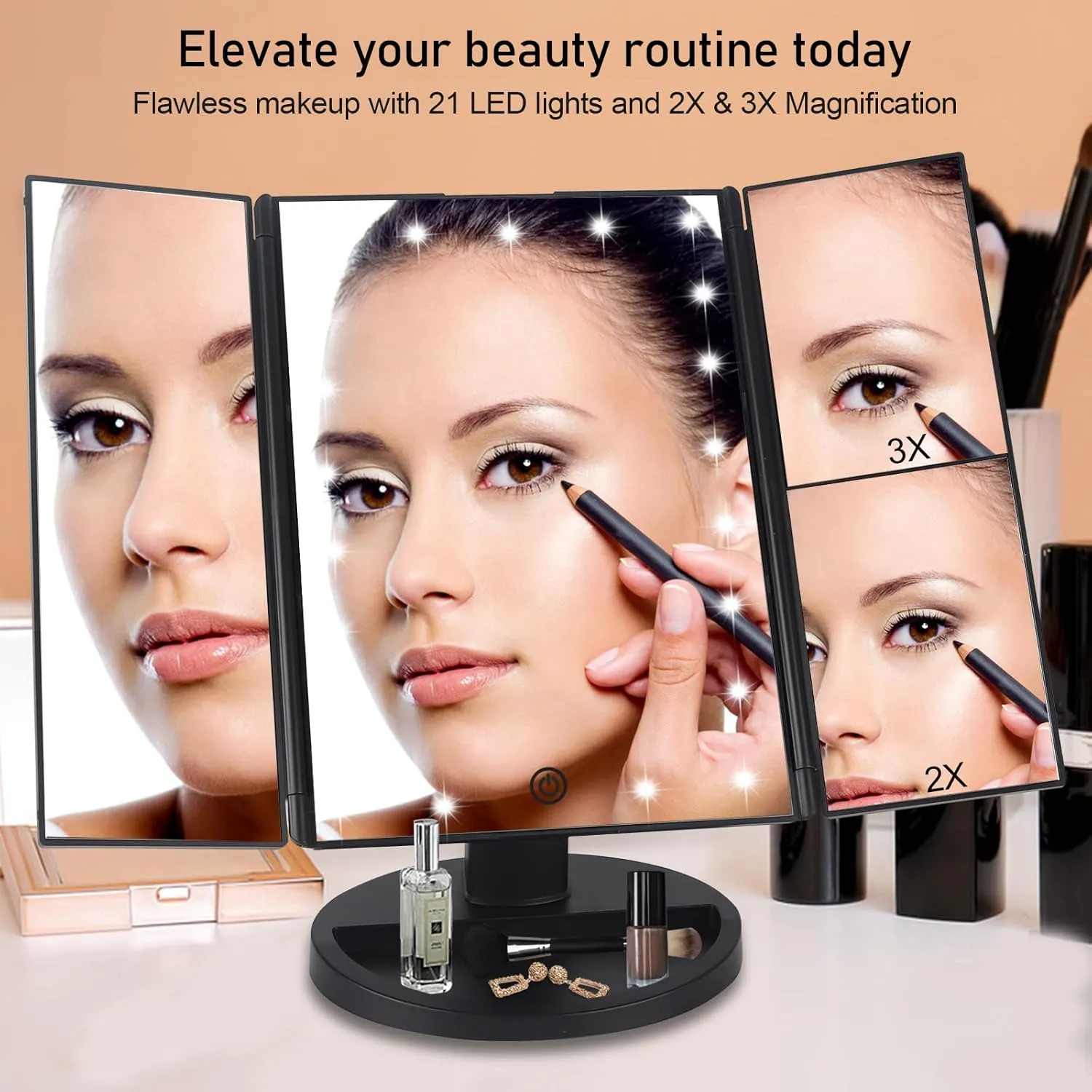 Vanity Makeup Mirror with Lights and Magnification, 3 Way Mirror, Trifold Portable Mirror, 1X 2X 3X Magnification, Two Power Supply, Espejo maquillaje (Black)