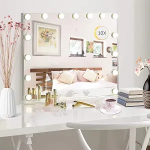 Vanity Mirror Makeup Mirror with Lights,10X Lens,22.8"x 18.1" Hollywood Lighted Vanity Mirror with 15 Dimmable LED Bulbs,3 Color Modes,Touch Control for Bedroom,Tabletop or Wall-Mounted