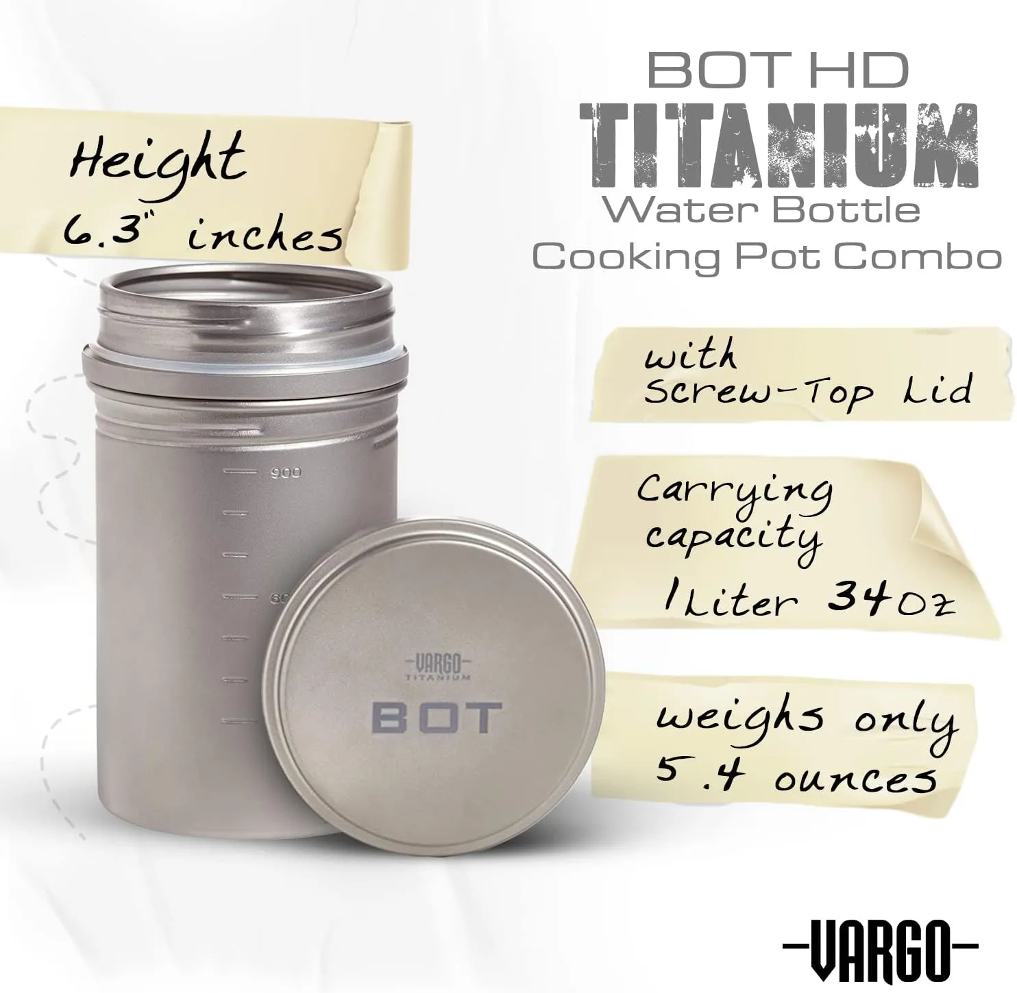 Vargo Titanium BOT Series | BOT-HD Bottle Pot – 1 Liter (34 oz.) Ultralight Water Bottle Cooking Pot Weighs 153 grams (5.4 oz.) | Backpacking Camping